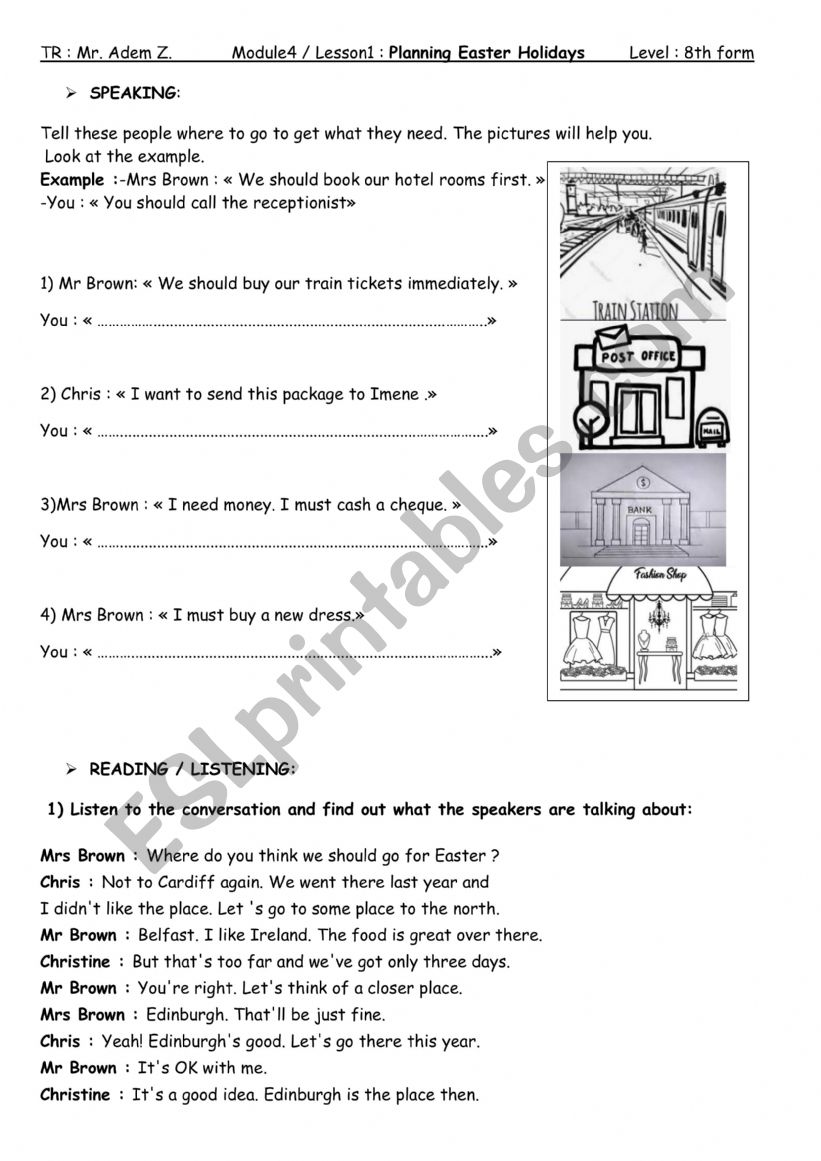 planning Easter holidays worksheet 8th form