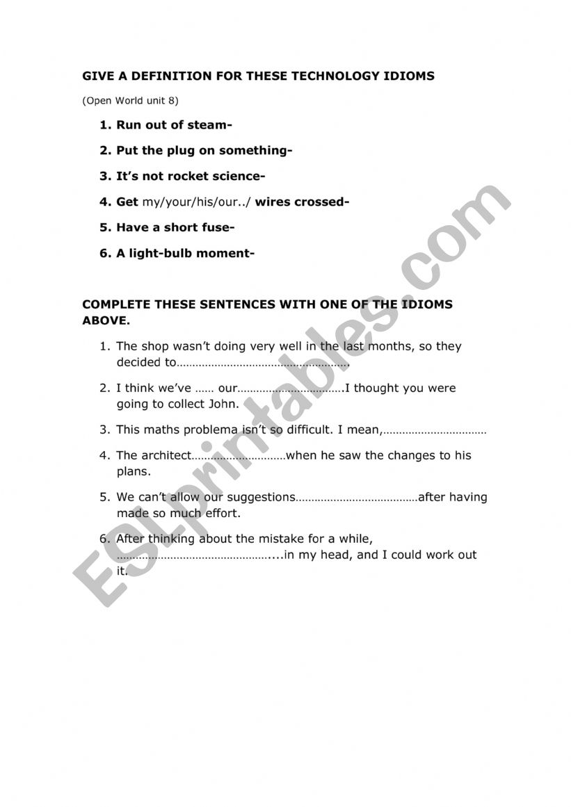 Technology idioms worksheet