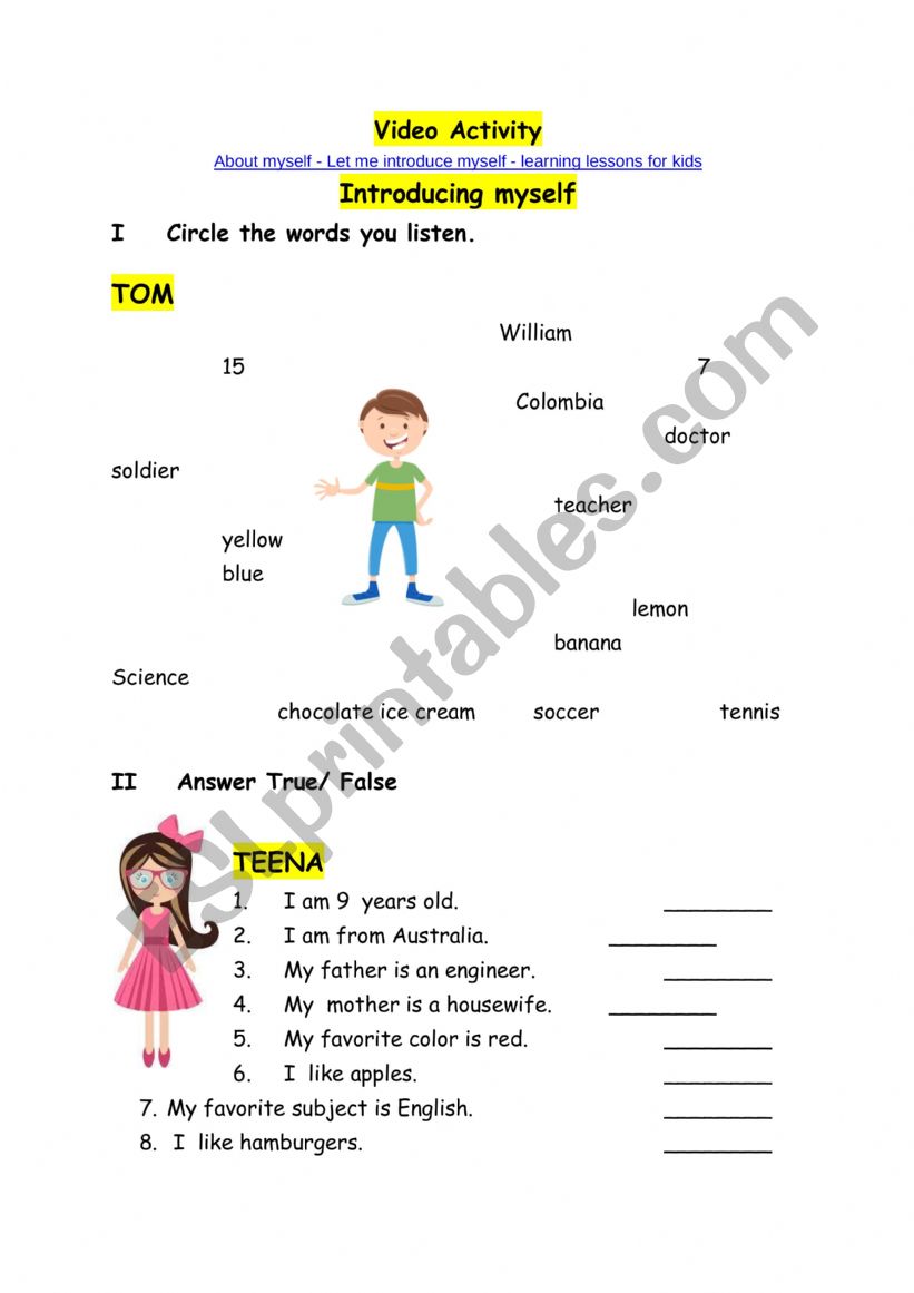 All About Me worksheet