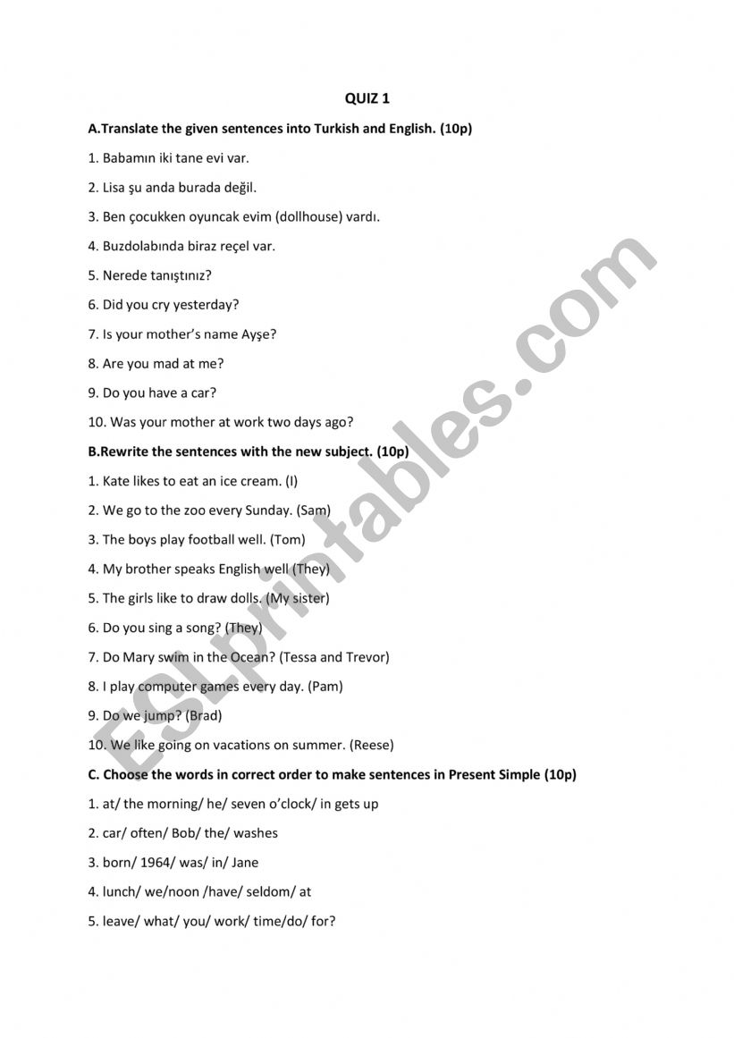 Present Simple Quiz worksheet