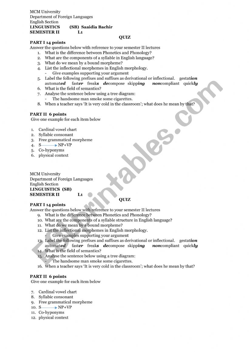 QUIZ LINGUISTICS 2021 worksheet