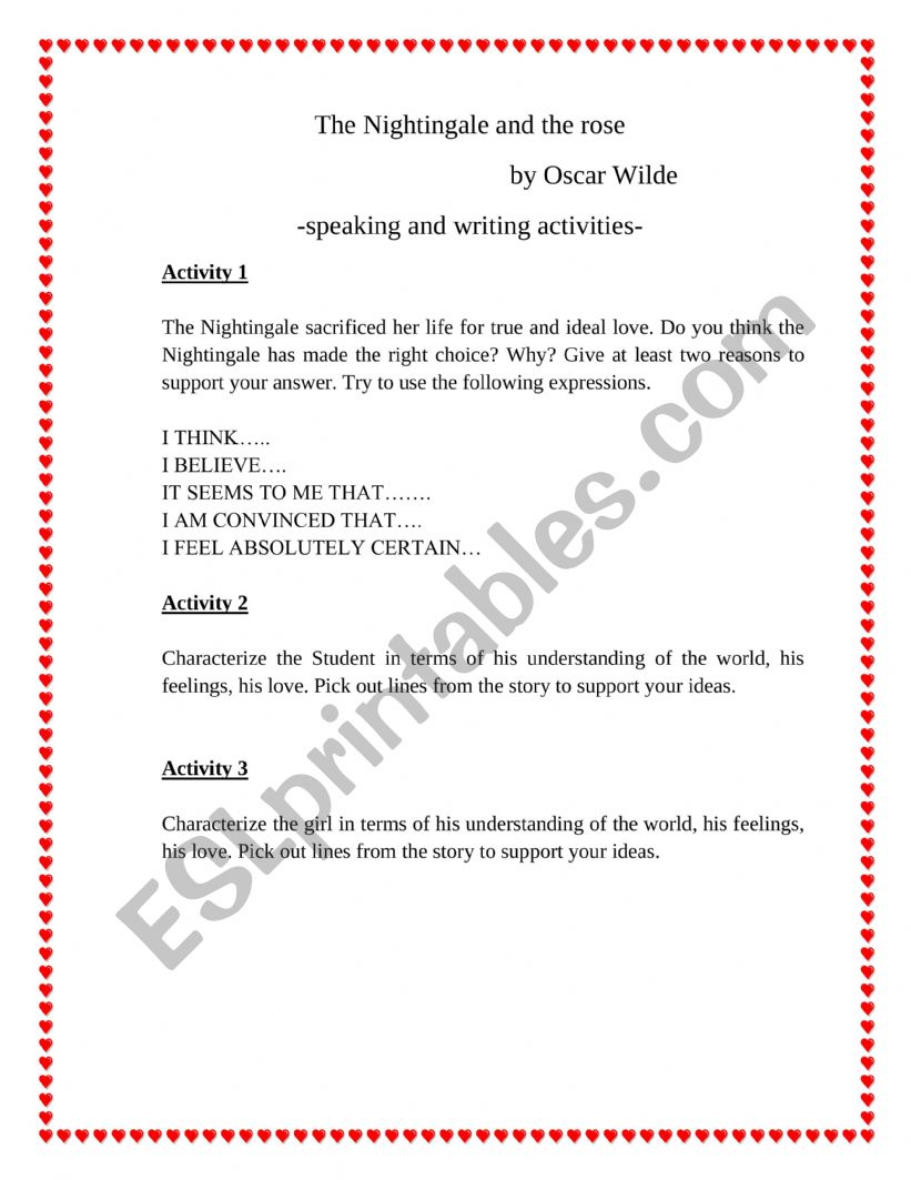 The nightingale and the rose worksheet
