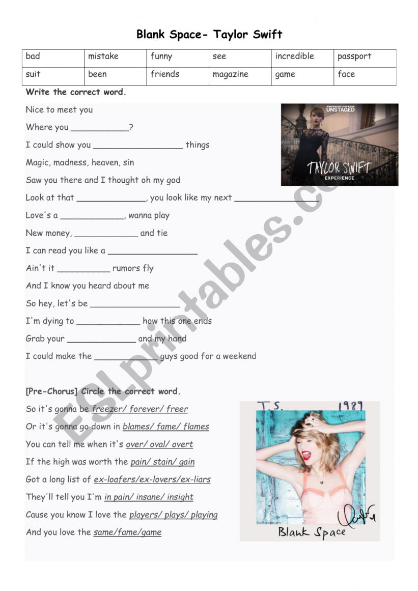 Taylor Swift blank space worksheet