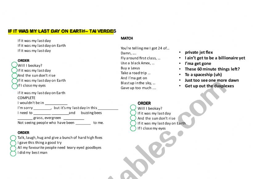 SONG TO WORK 2nd COND. worksheet