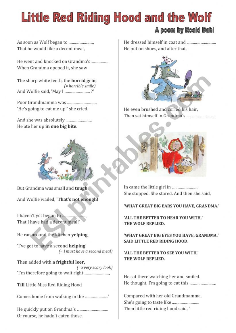 A Poem by Roald Dahl: Little Riding Hood and the Wolf - ESL worksheet by sylwinner