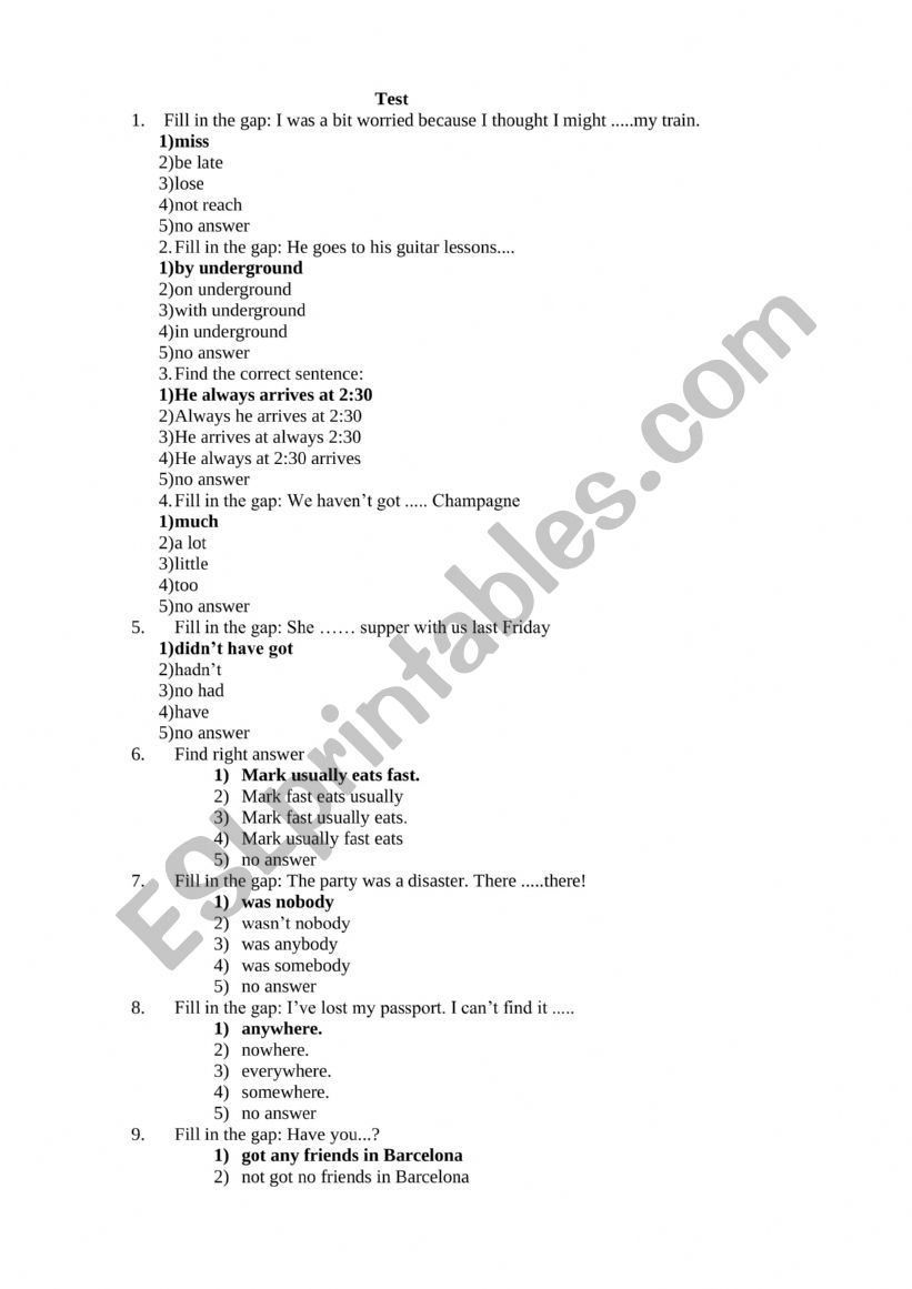 Test 5 grade worksheet