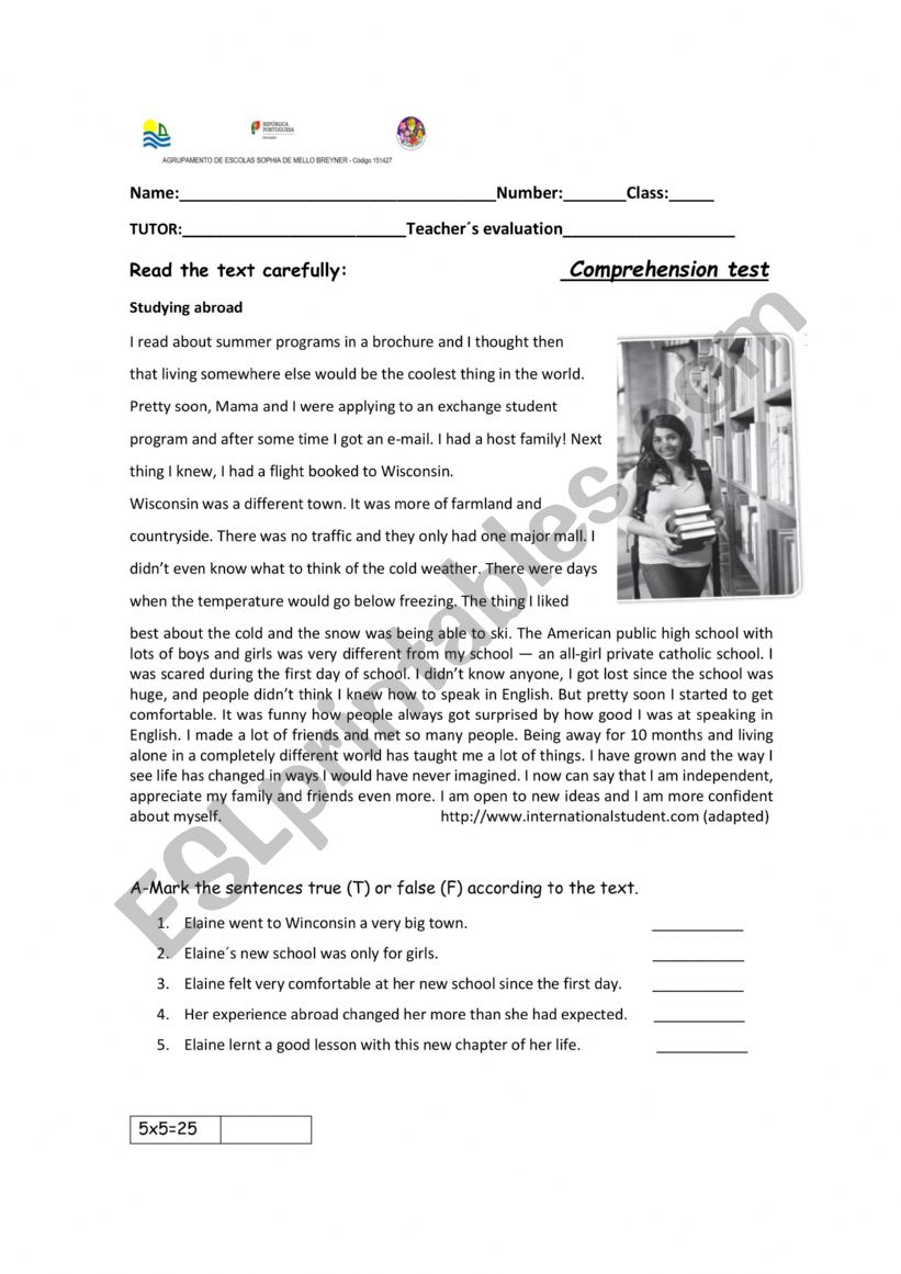 Comprehension test worksheet