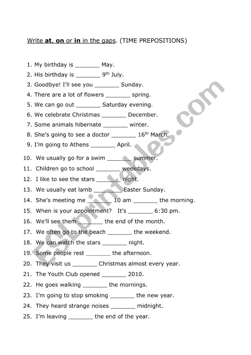 Prepositions of Time worksheet