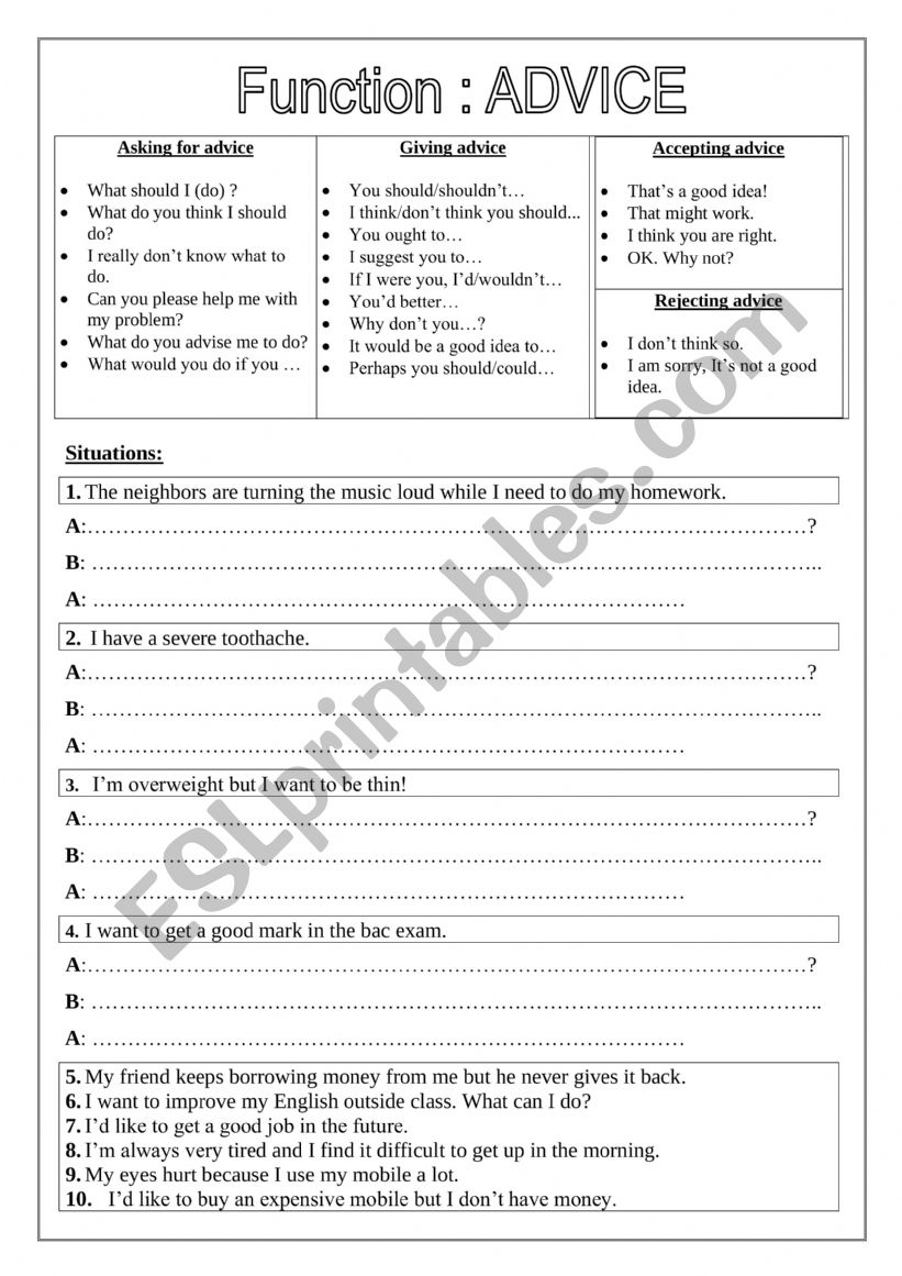 asking for and giving advice worksheet