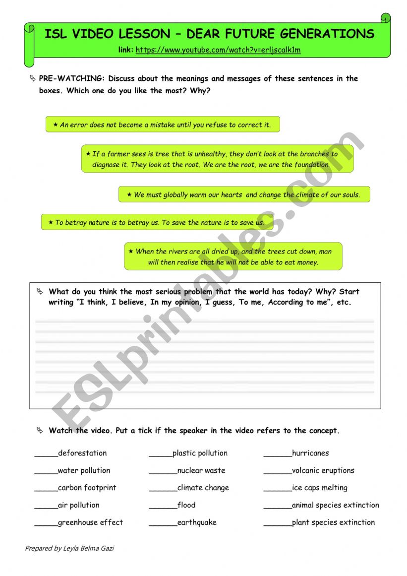 DEAR FUTURE GENERATIONS worksheet