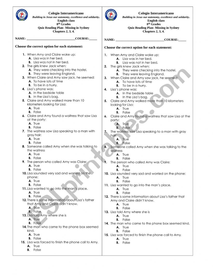 MISSING IN SYDNEY worksheet