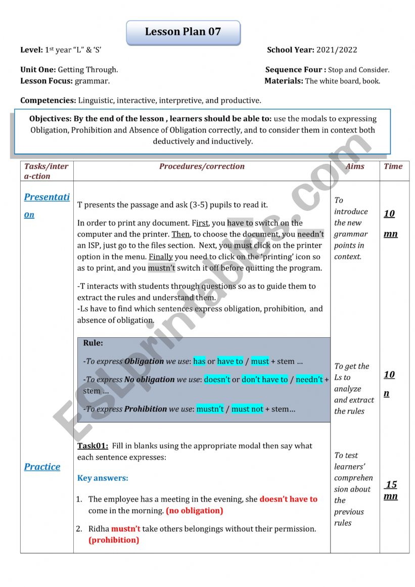 obligation worksheet