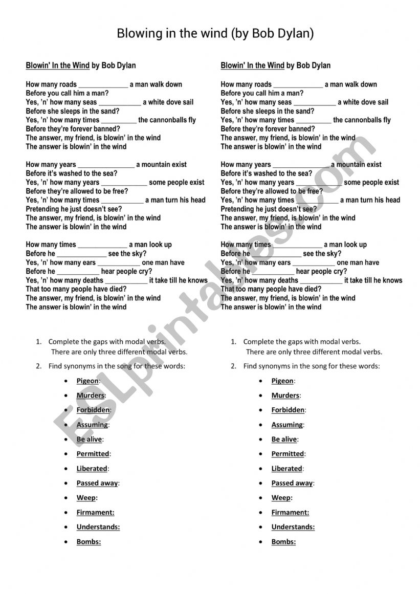 Blowing in the wind worksheet