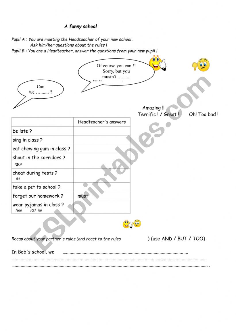 A funny school (pairwork worksheet