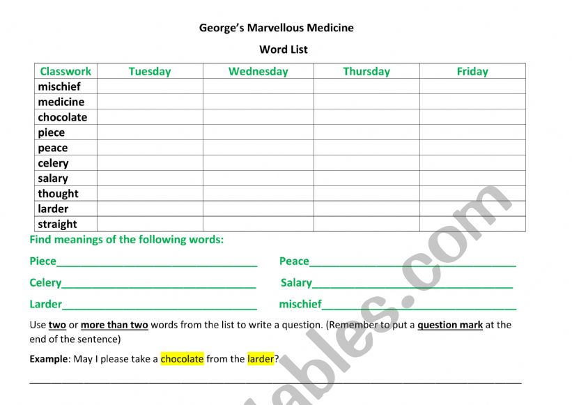 George�s Marvellous Medicine Vocabulary week 1