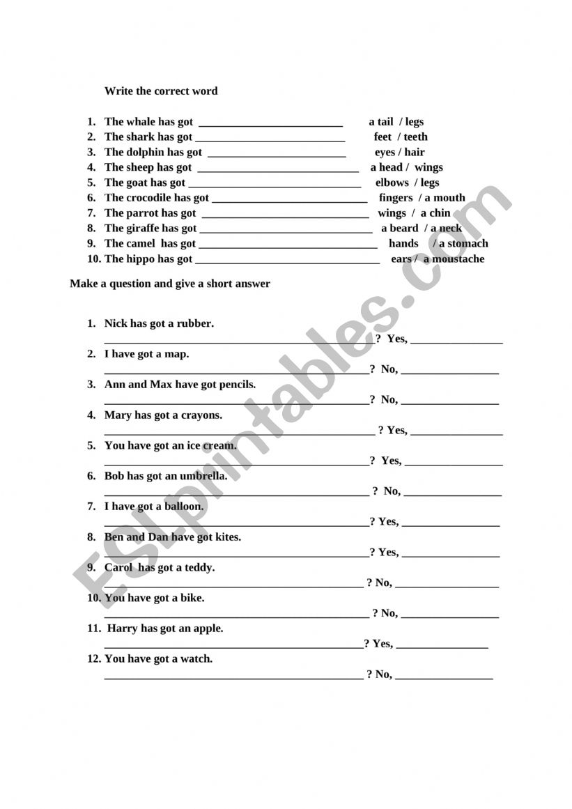 Have got / Has got worksheet