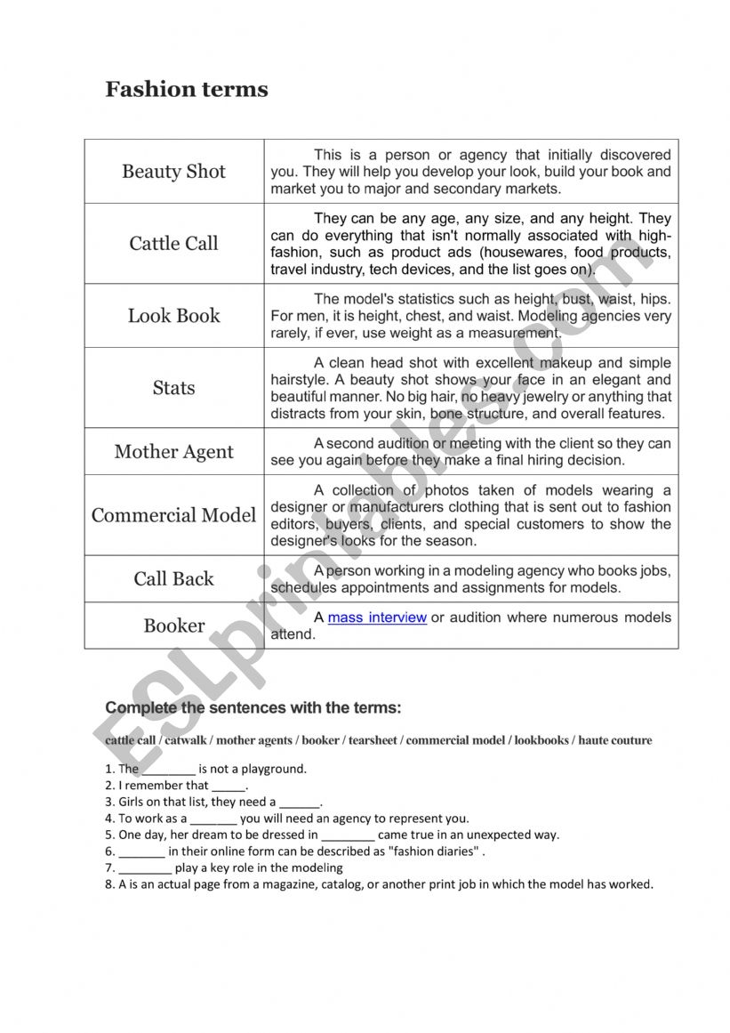 Fashion Terms worksheet