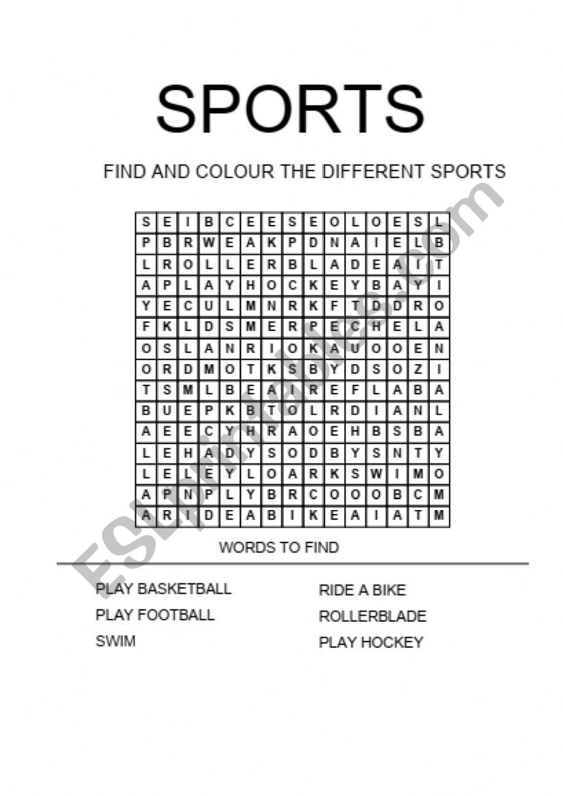 Wordsearch about sports worksheet