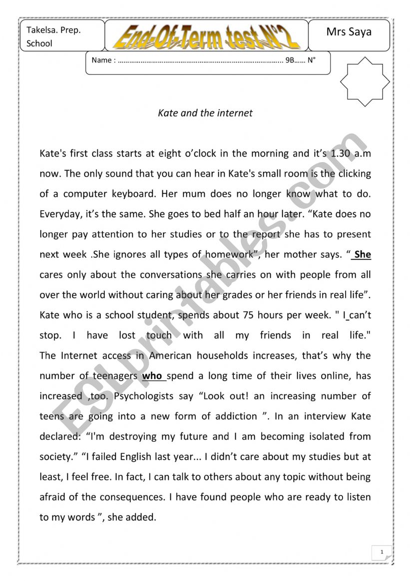 End-Of-Term Test N2 9th form worksheet