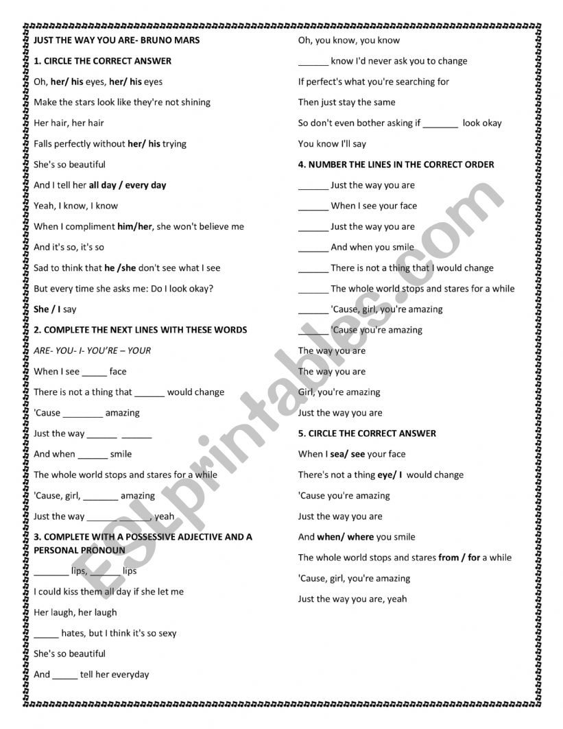 JUST THE WAY YOU ARE  worksheet