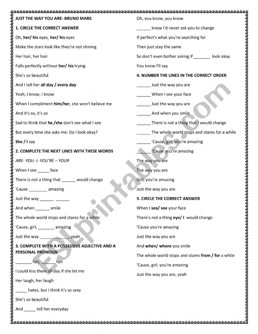 JUST THE WAY YOU ARE  worksheet