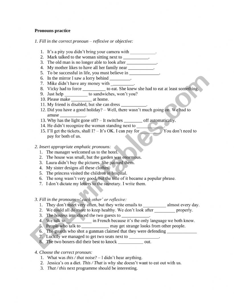 Pronouns practice worksheet