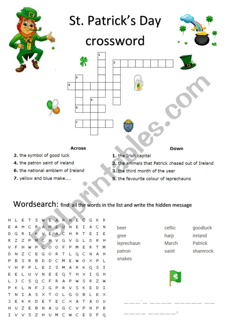 St. Patrick�s day crossword worksheet