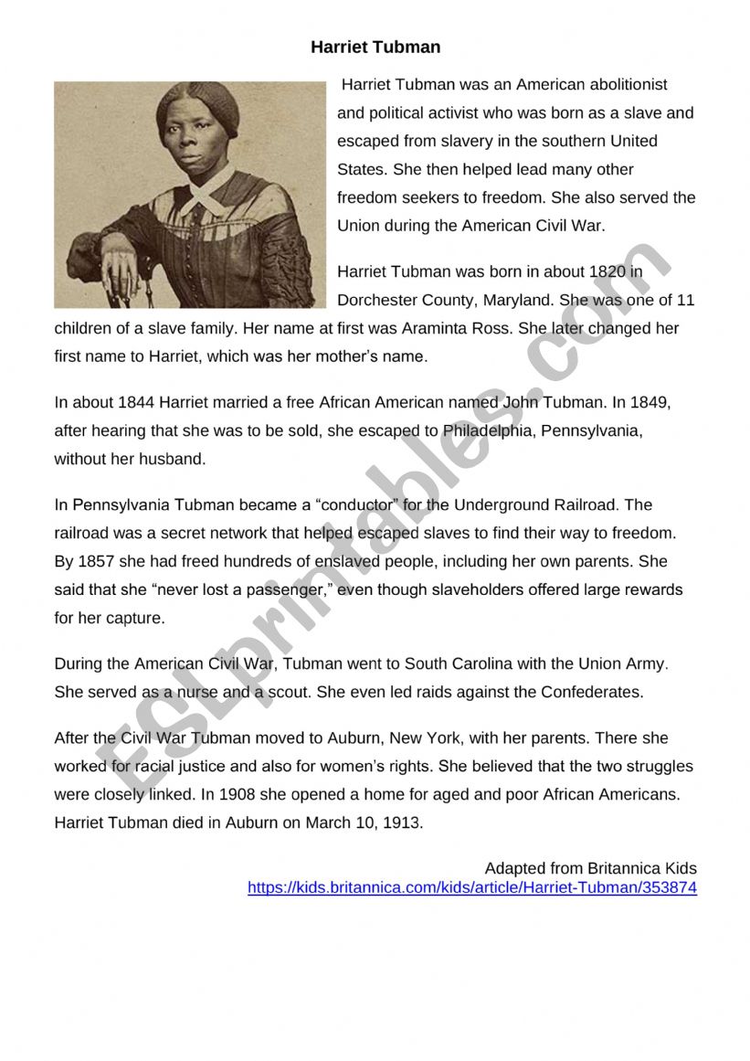Harriet Tubman worksheet