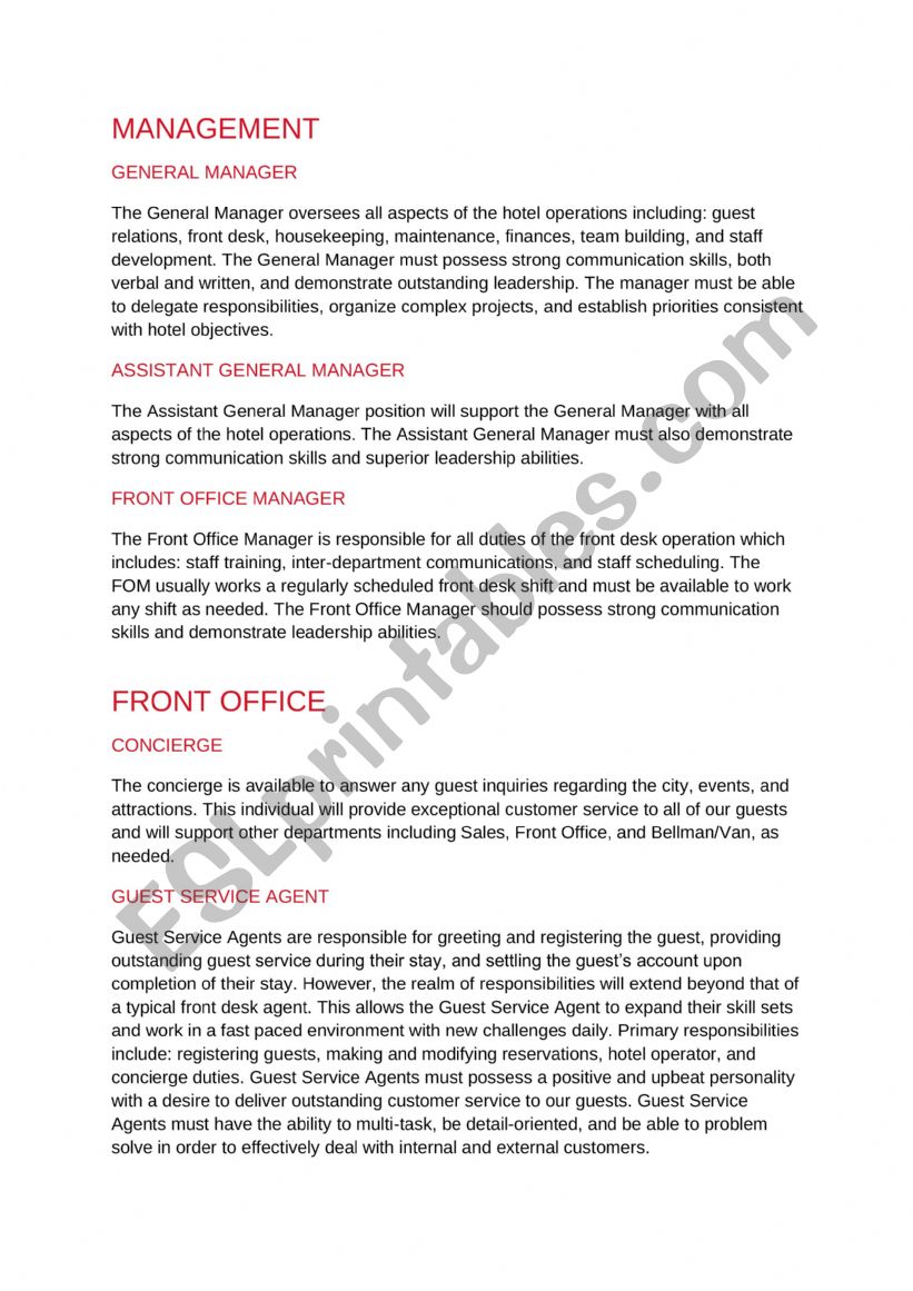 Hotel Staff (Management and Front Desk) reading activity