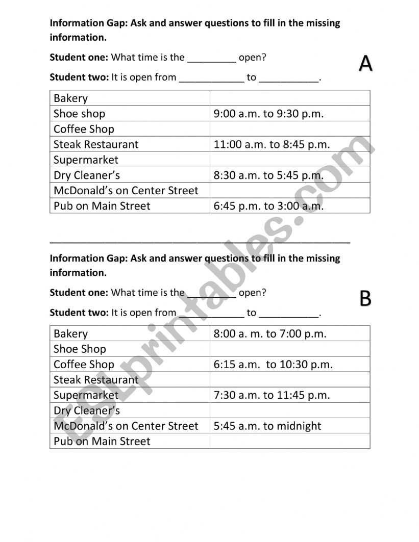 Information Gap: What time is the shop open?