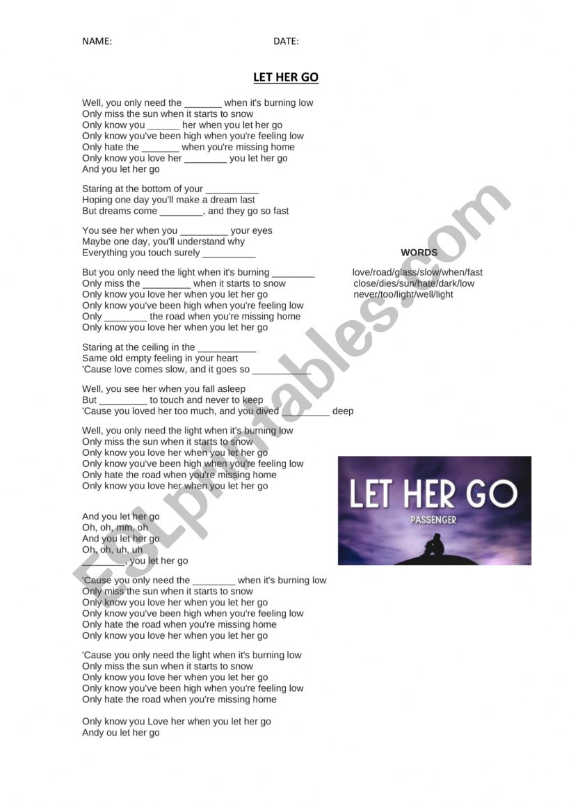 Let her go fill in the gaps worksheet