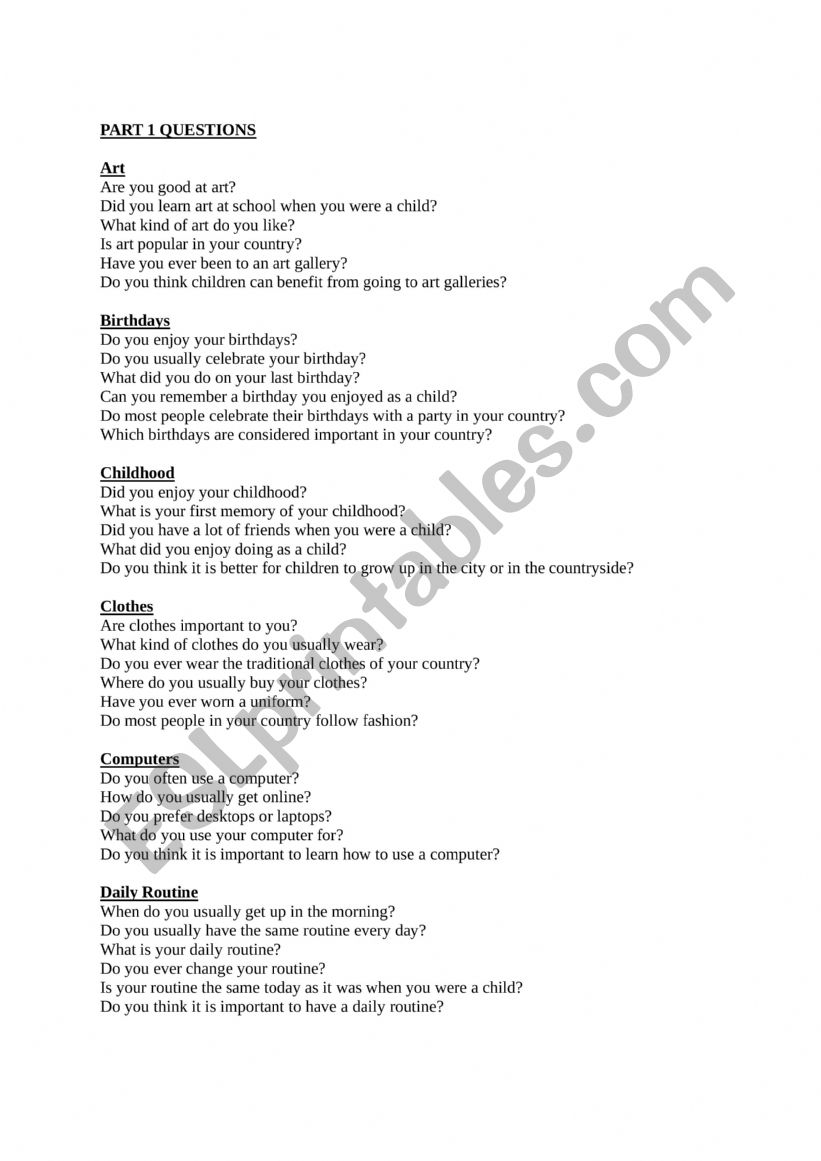 IELTS Speaking Question Bank 1 2 and 3