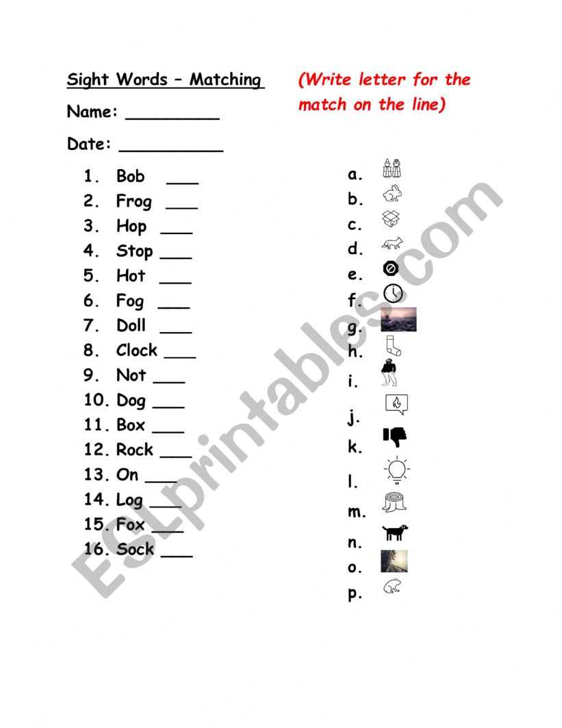 Sight Words Matching worksheet