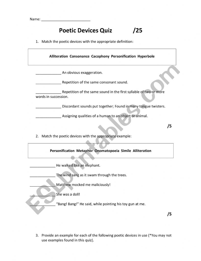 Poetic Devices Quiz worksheet