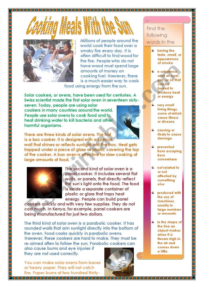 Cooking Meals With the Sun - Listening and reading. 2 pages