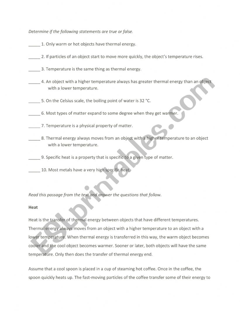 Temperature and Heat worksheet