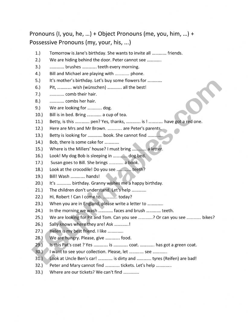 ESL 1st learning year - Pronouns exercises