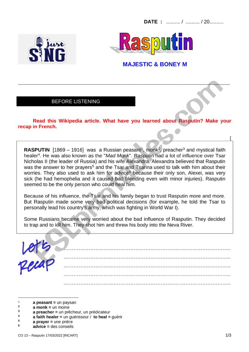 Rasputin (BONEY M) worksheet