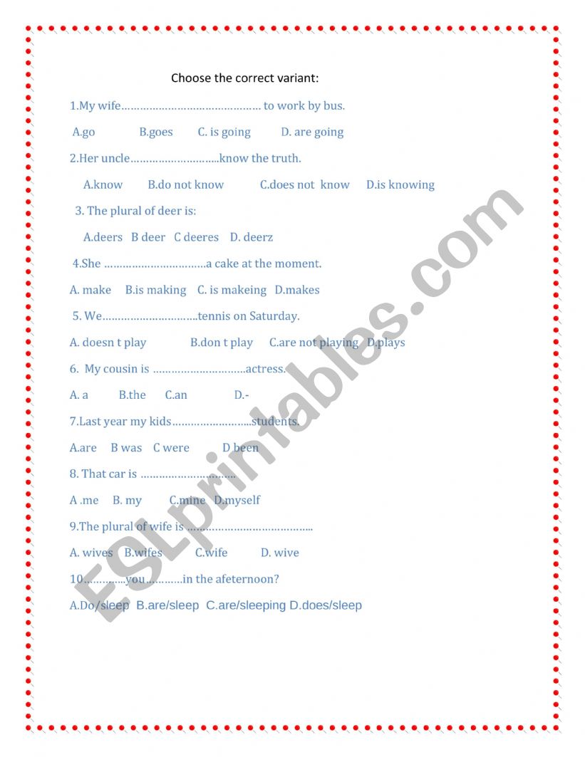 MCQ A2 Grammar worksheet