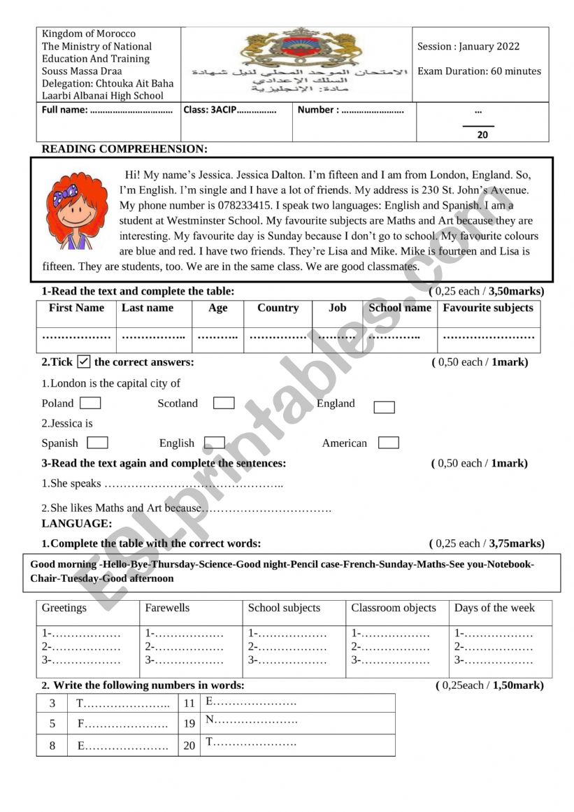 FIRST TERM ENGLISH LOCAL EXAM worksheet