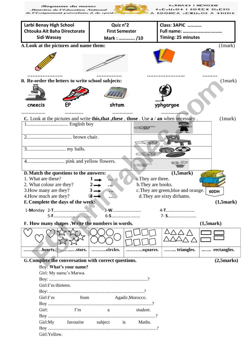 QUIZ 2 SECOND TERM worksheet