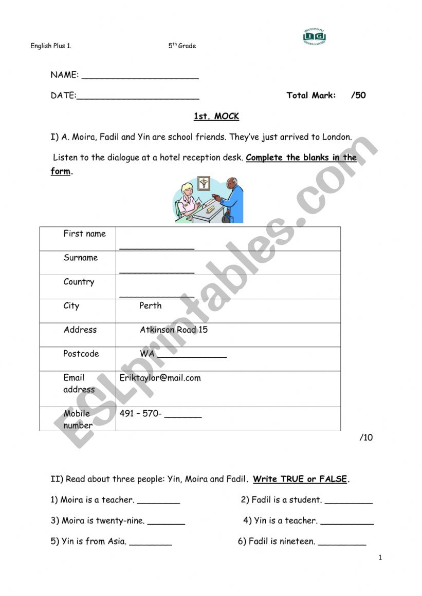 Test 5th grade worksheet