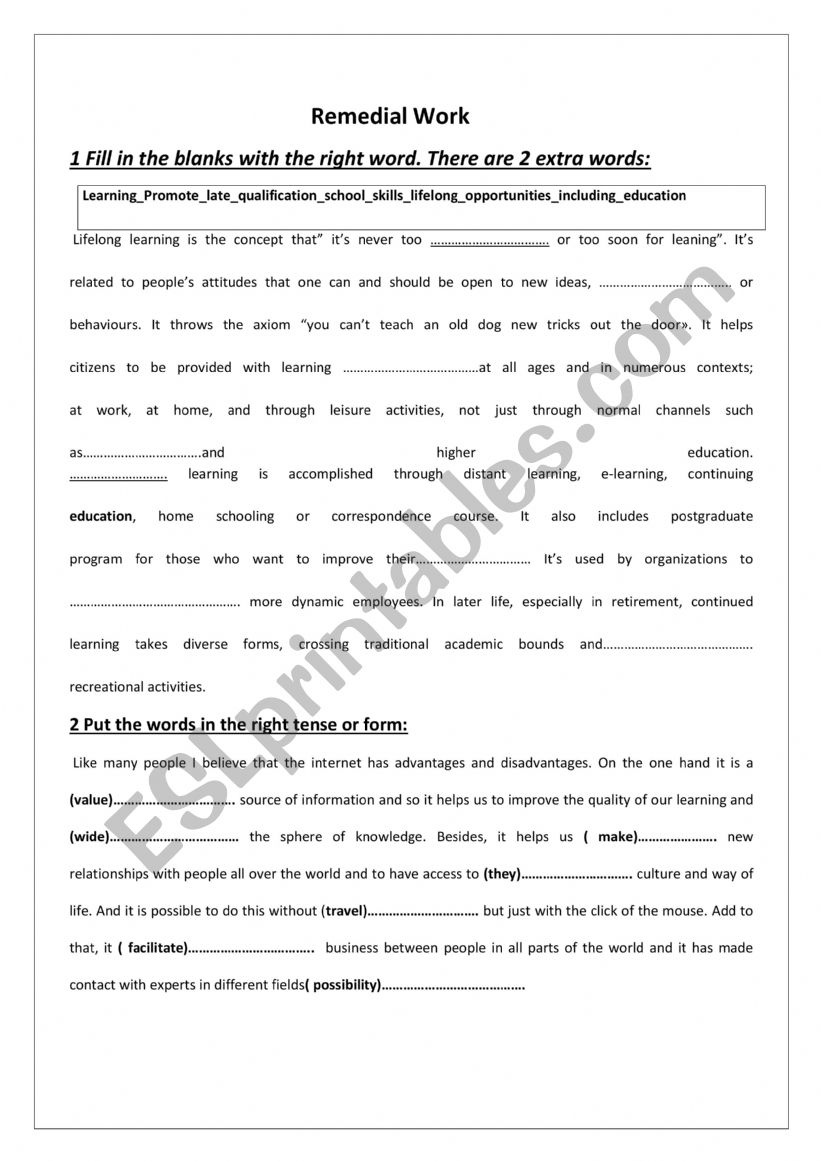 remedial work 4th form worksheet
