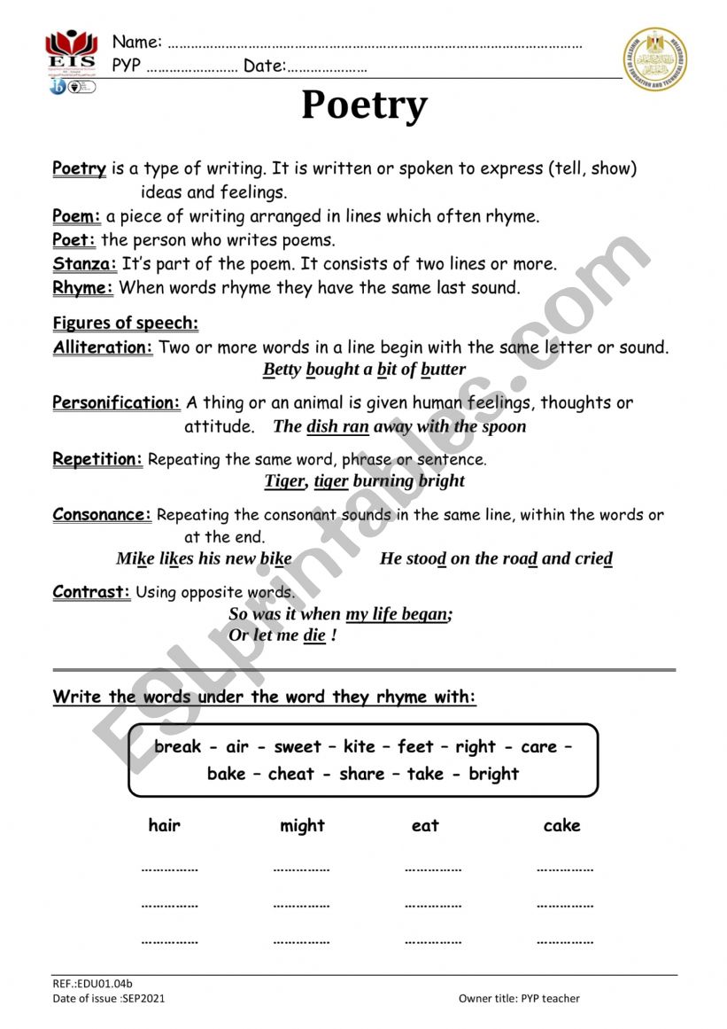 Poem Day -  Part 1 worksheet