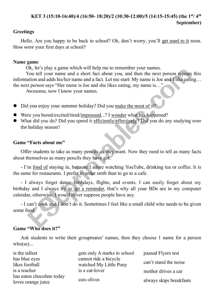 KET First Lesson worksheet