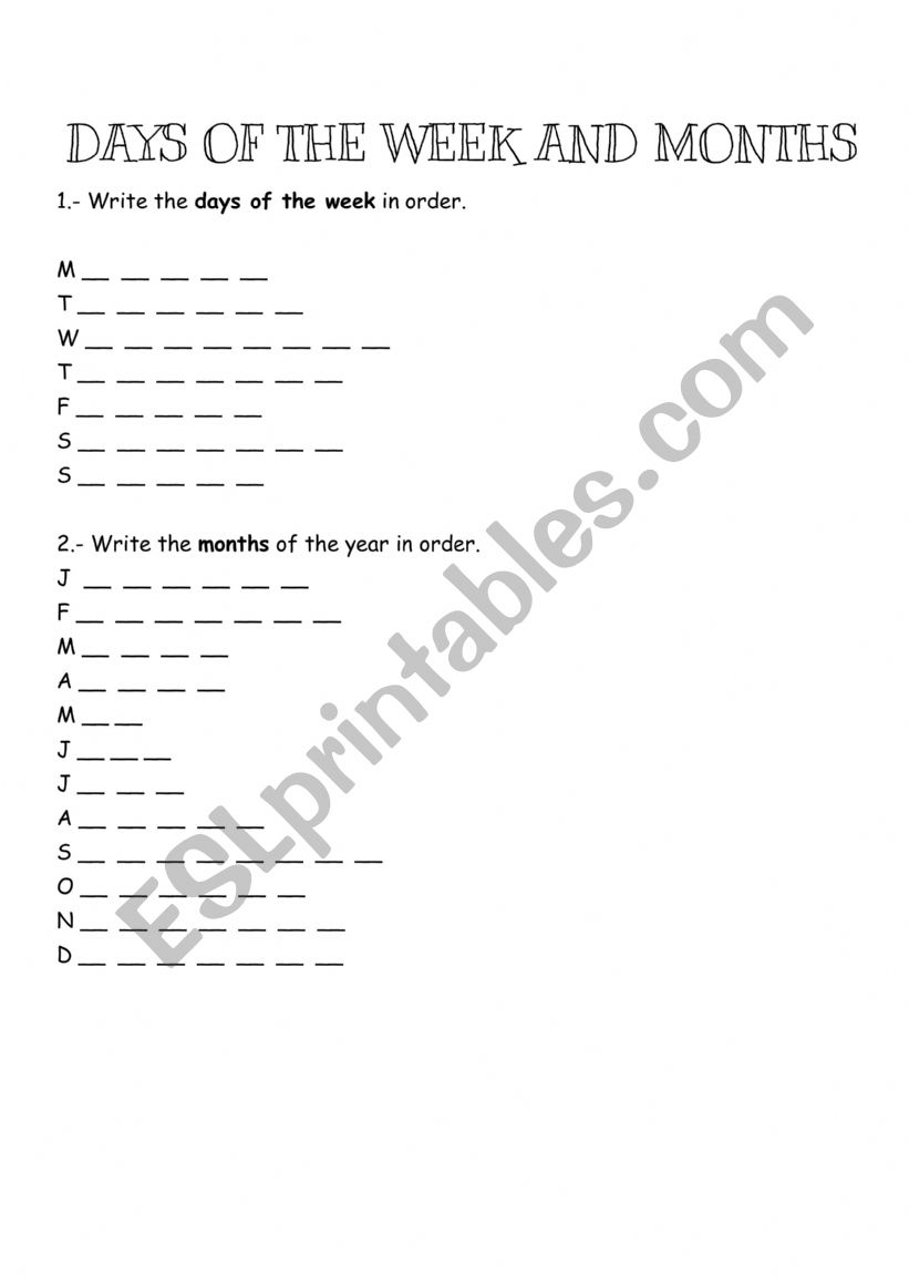 Days of the week and Months  worksheet