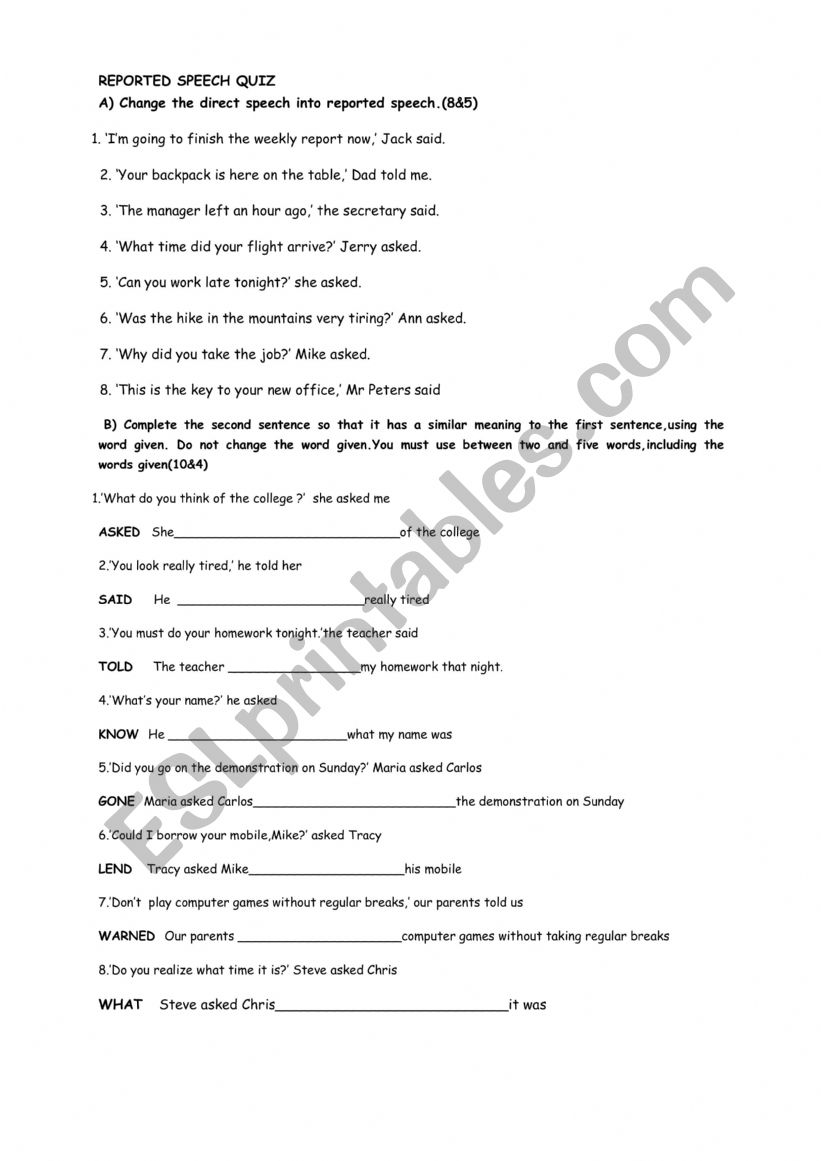 Reported Speech worksheet