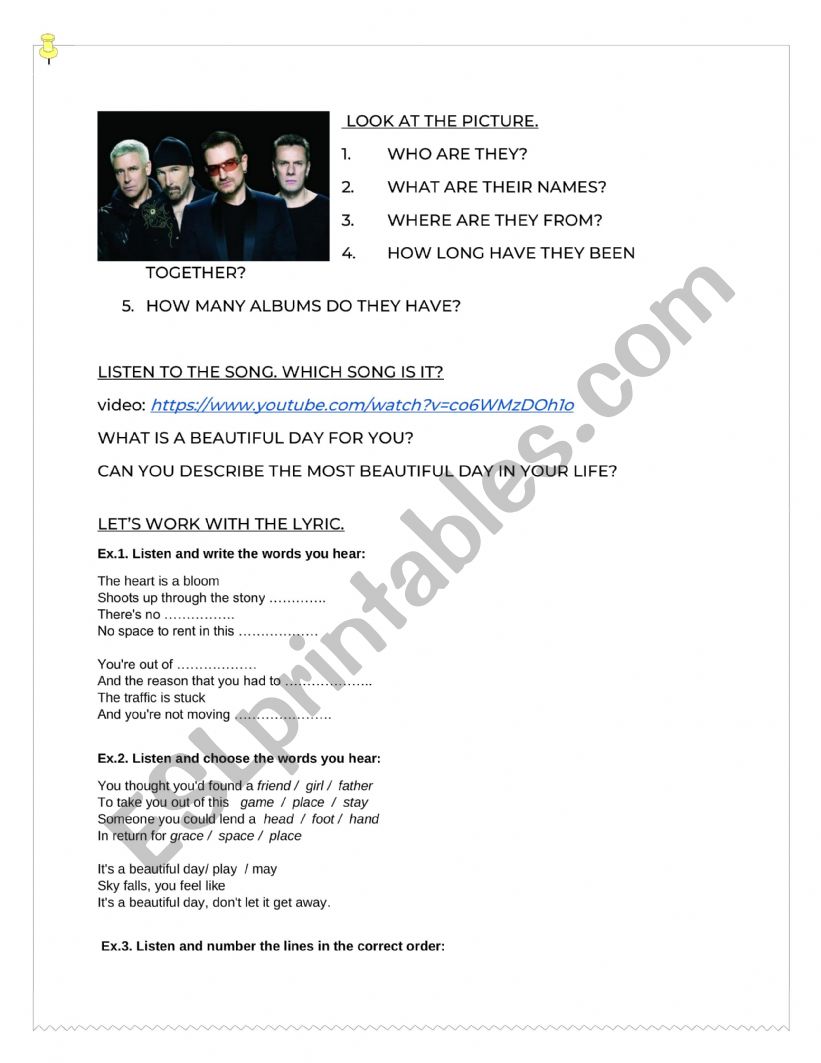 U2 - Beautiful day worksheet