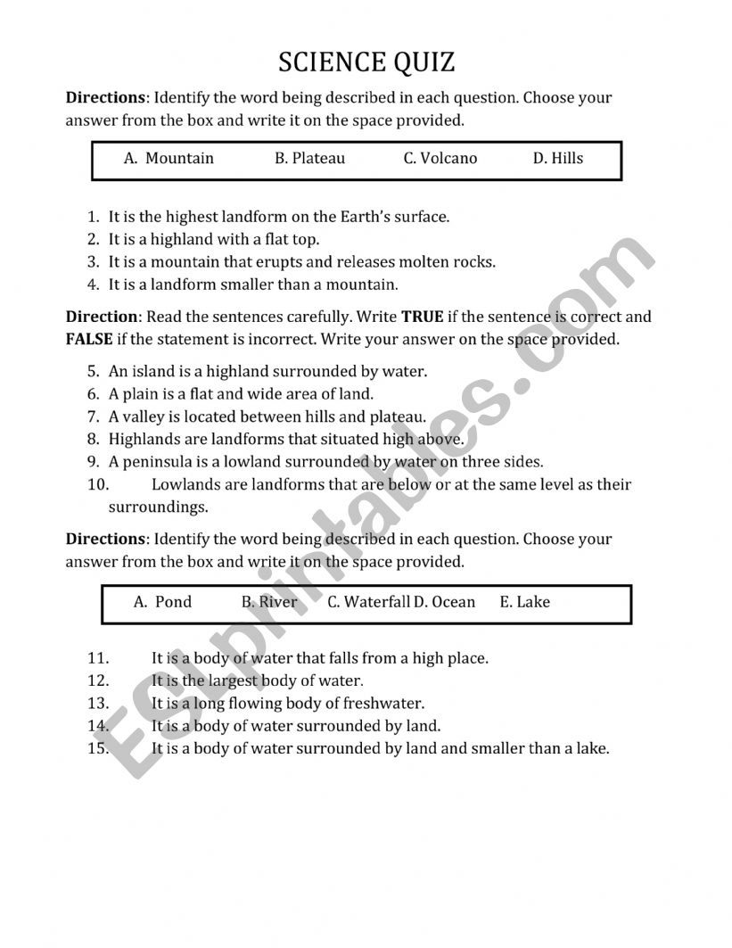 SCIENCE TEST worksheet