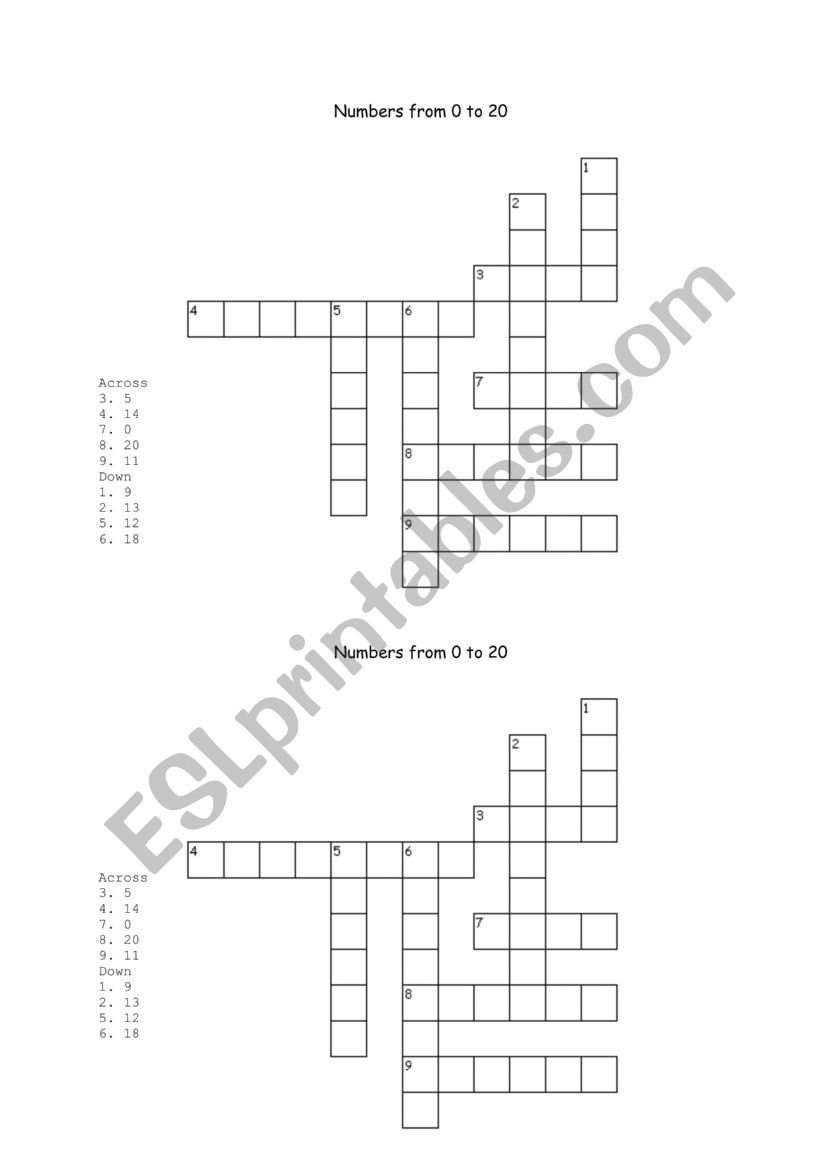 Criss Cross puzzle numbers worksheet